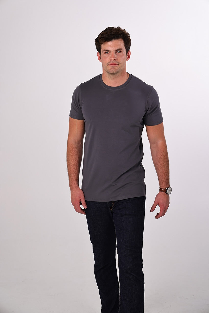 Gray Tall Daddy t-shirt for tall men with a clean non-boxy fit and extended torso coverage