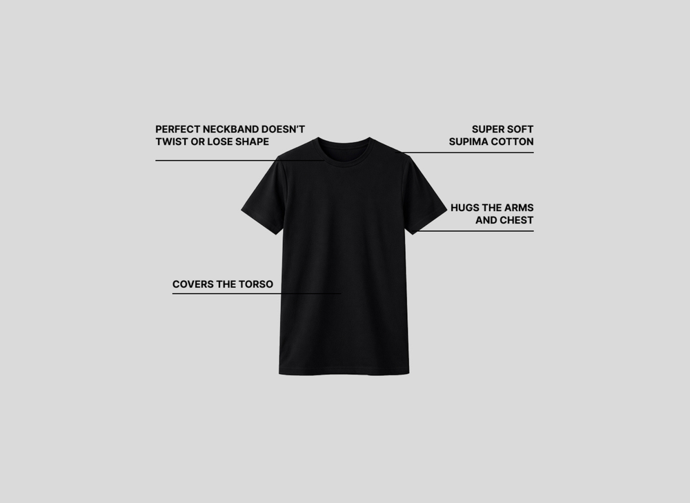 Tall Daddy black Supima cotton tall men’s t-shirt infographic showing long torso coverage, fitted chest and arms, and neckband that holds shape