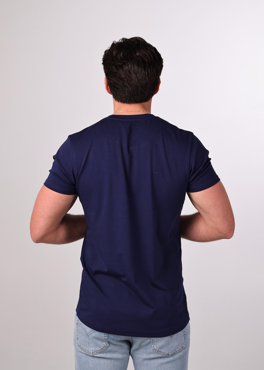 Back view of navy long torso men’s t-shirt by Tall Daddy designed for taller frames and better coverage