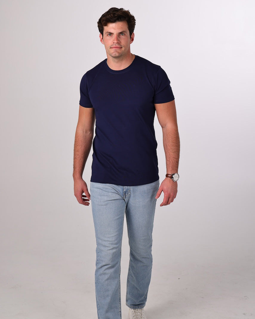 Tall Daddy navy Supima cotton tall men’s t-shirt front view with longer length for long torsos