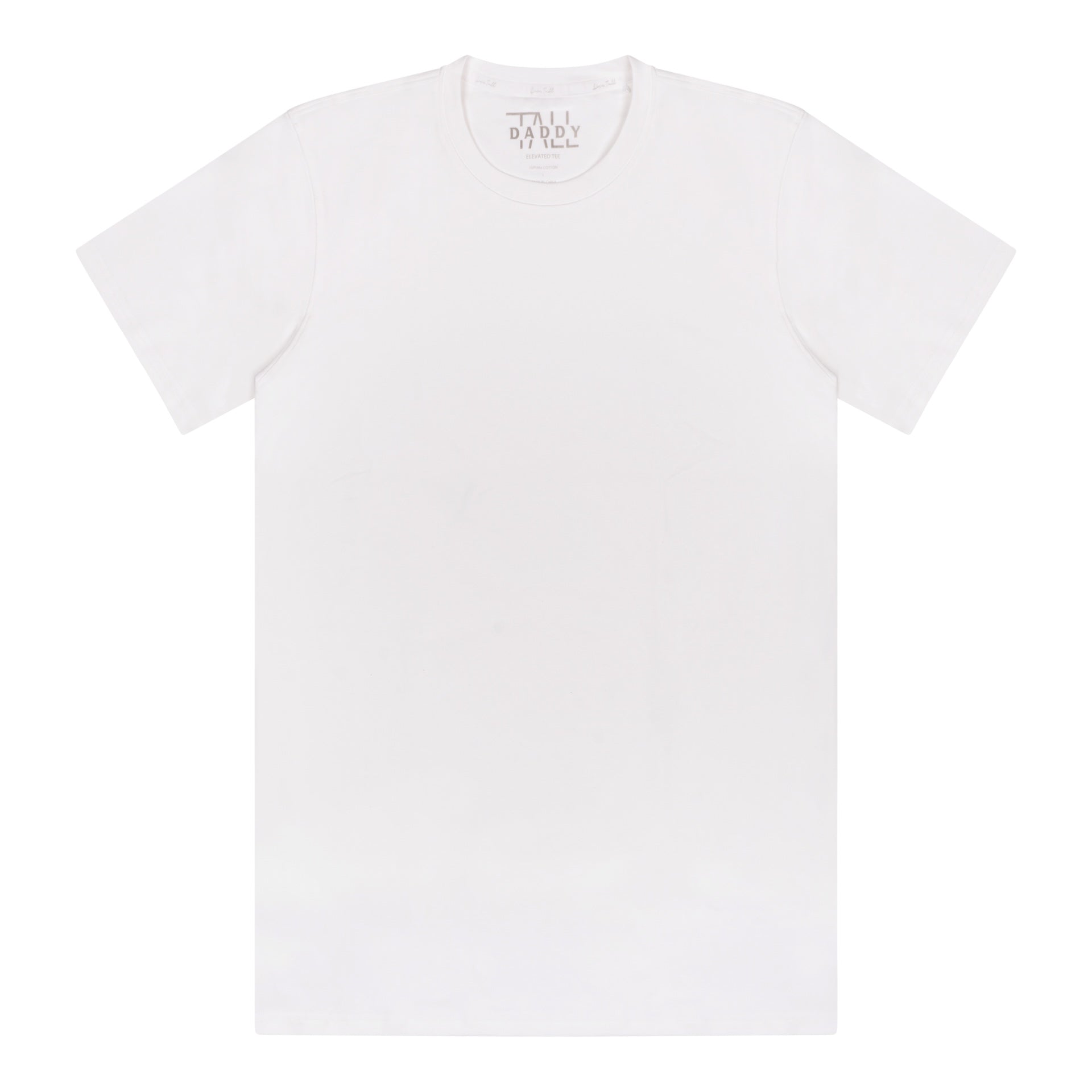 Tall Daddy white tall men’s t-shirt on a 6'7 model showing extended length and clean modern fit